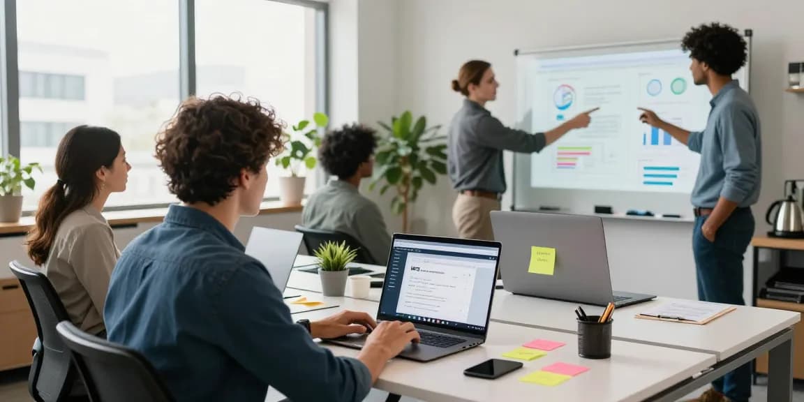 Download WPS Office on a laptop in an engaging team workspace, showcasing collaboration.