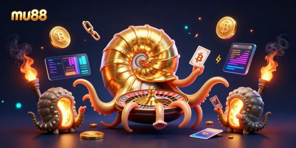Engage in thrilling gaming at mu88 with a vibrant casino scene featuring a giant nautilus roulette wheel.