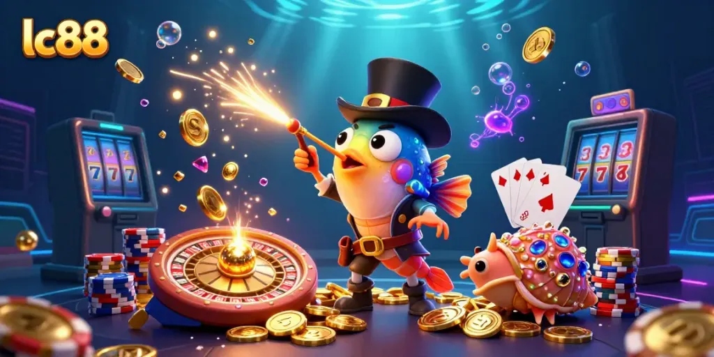 Experience the excitement of lc88 casino games, with vibrant characters and dynamic elements in a deep-sea casino scene.