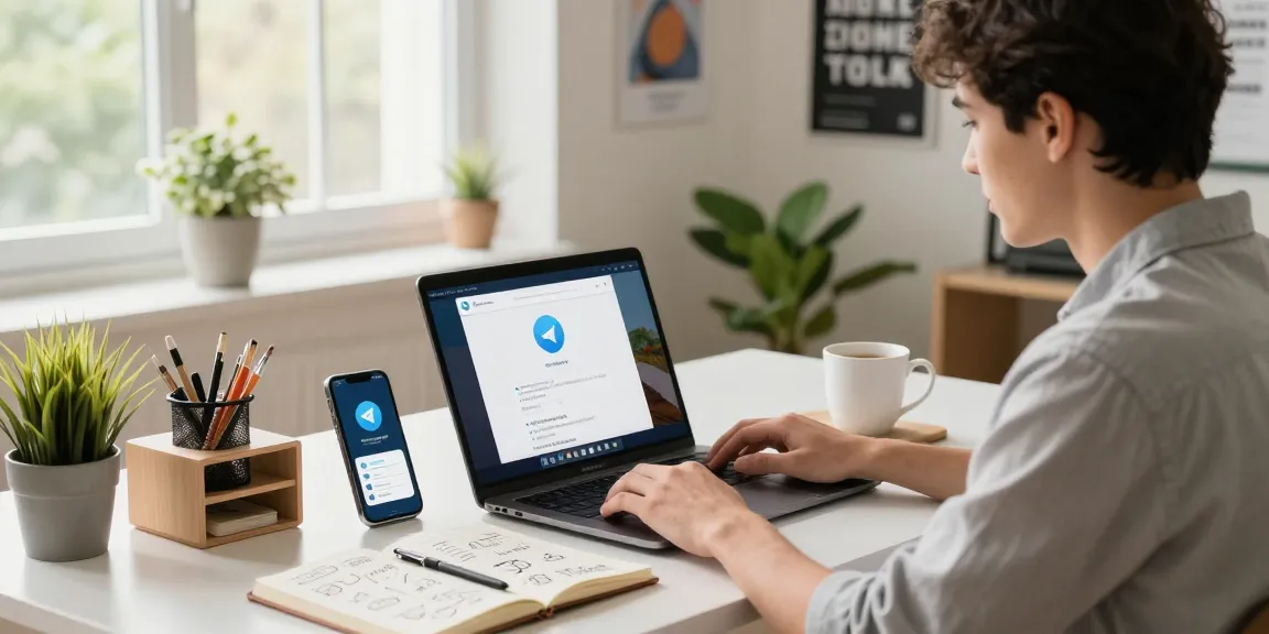 User accessing Telegram Web Version in a modern home office with a laptop and smartphone.