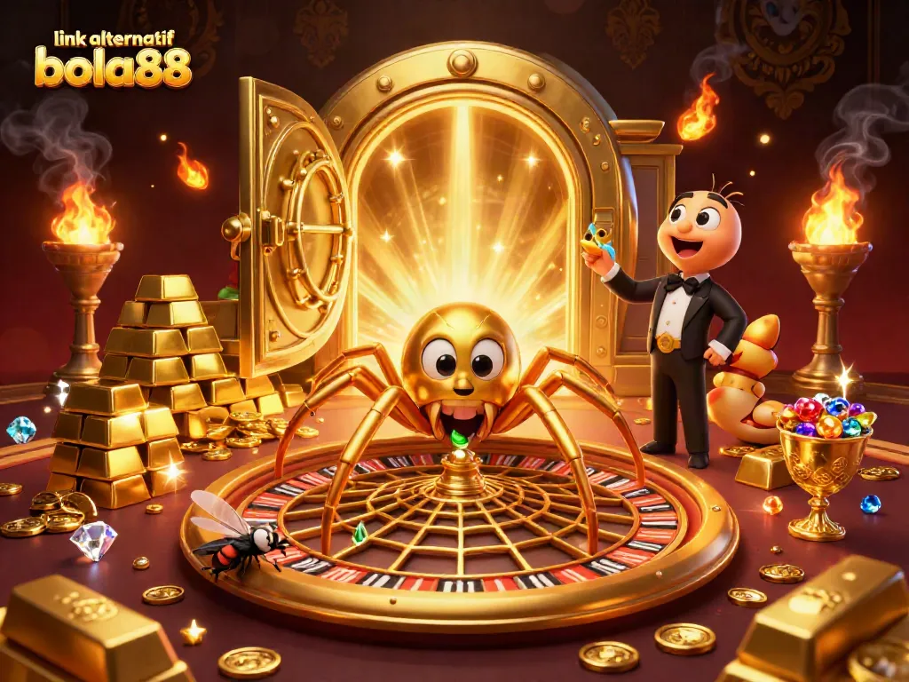 Place bets with the link alternatif bola88 while a cartoon spider spins a roulette web in a luxurious casino