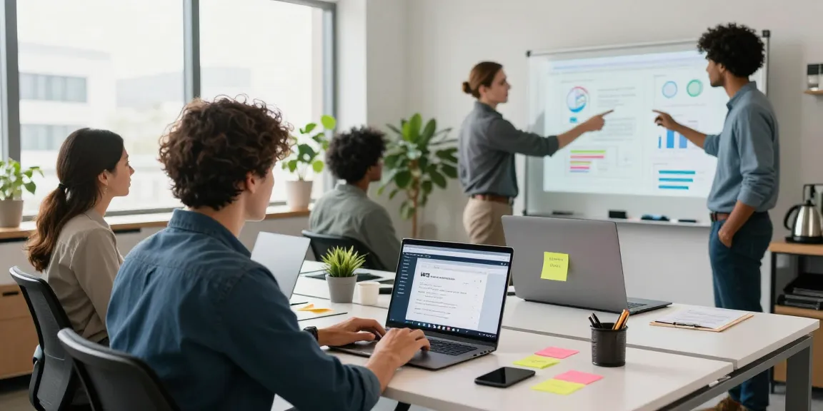 Download WPS Office on a laptop in an engaging team workspace, showcasing collaboration.
