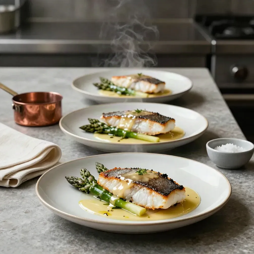 Tre fiskrätter med sparris och beurre blanc på ljusa tallrikar i ett varmt kök.