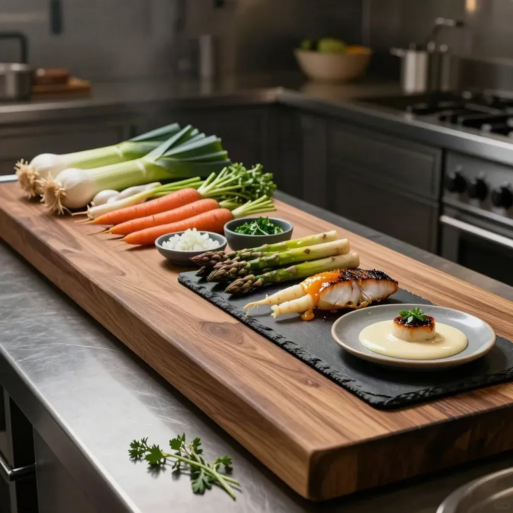 Säsongsråvaror i rad på en butcher block, från rått till färdigpläterat för menyplanering.