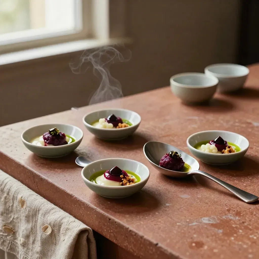 Fyra provsmakningsskedar med puréer och såsdroppar på en terrakottafärgad stenplatta.