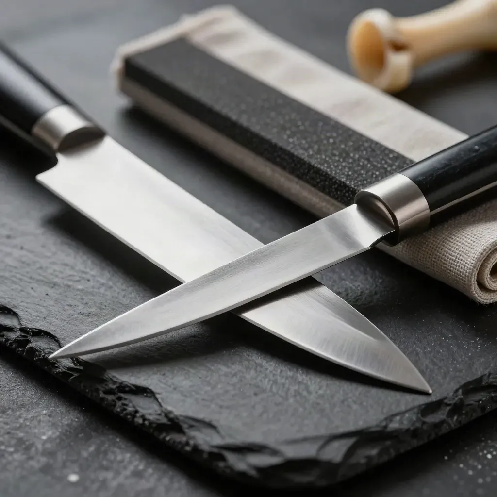 Makro av japansk gyuto, brynstål, knivrulle och brynstensyta på svart skiffer.