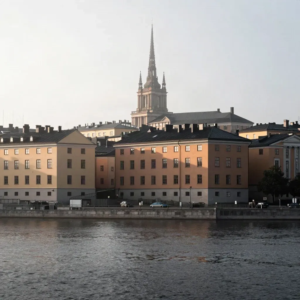 Stockholms siluett över stilla vatten i varm morgondimma, med Södermalm och Gamla Stan högt i bilden.