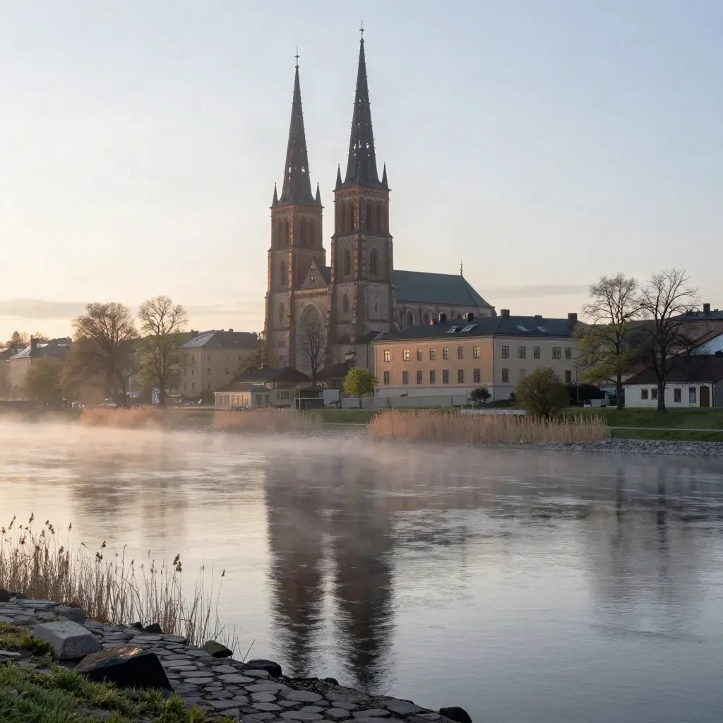 Uppsala domkyrka och Fyrisån i mjuk vårmorgon med dimma och kopparljus.