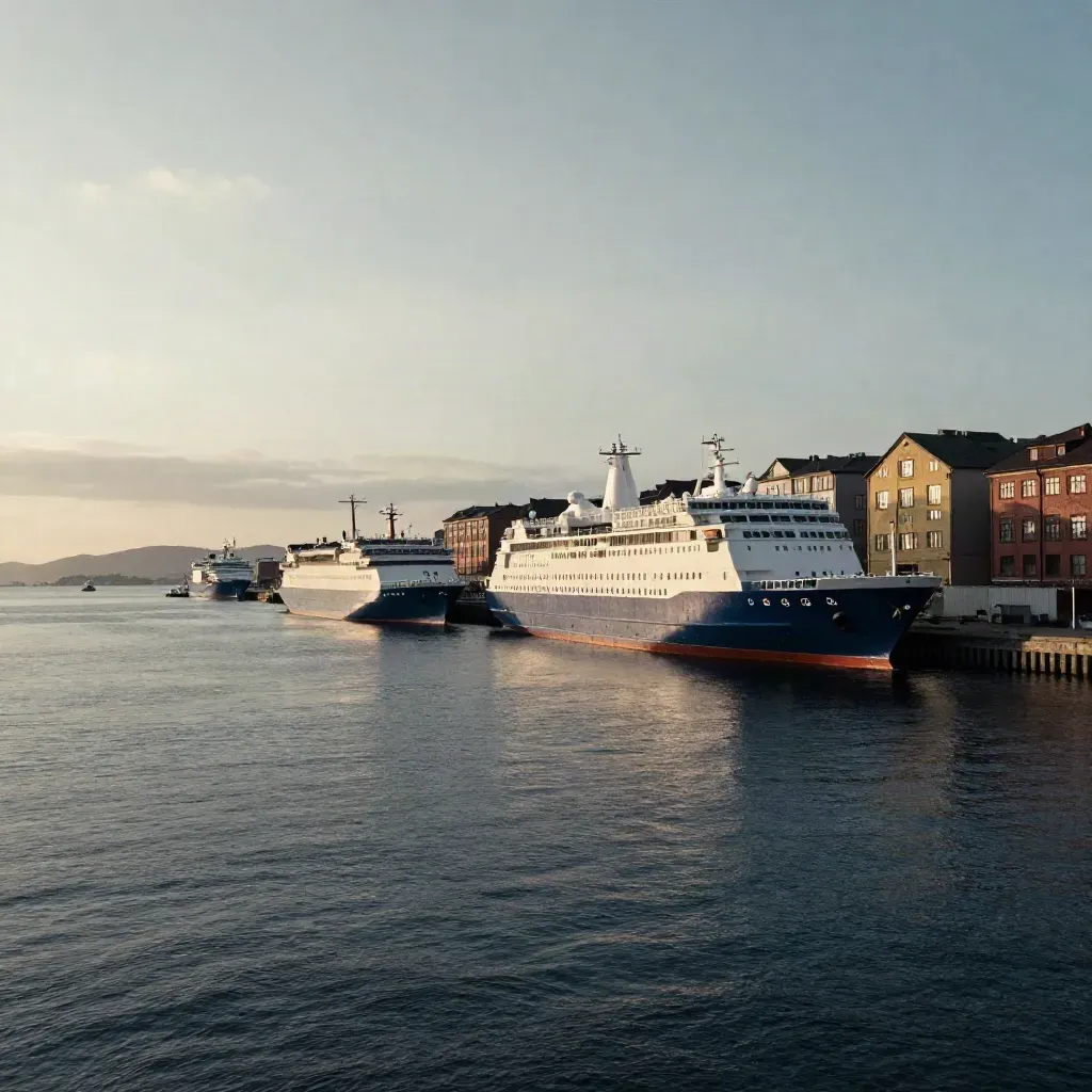 Göteborgs hamn i blå timme med kranar, brolinjer och stilla vatten i dis
