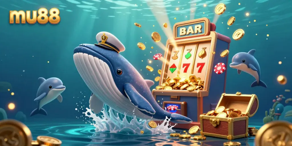 Experience thrilling games with mu88, where a whale breaches through coins amidst vibrant casino elements.