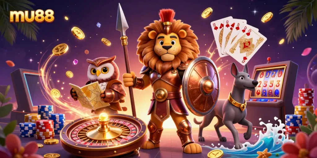 Experience thrilling wins with mu88's dynamic casino atmosphere featuring exciting characters and games.