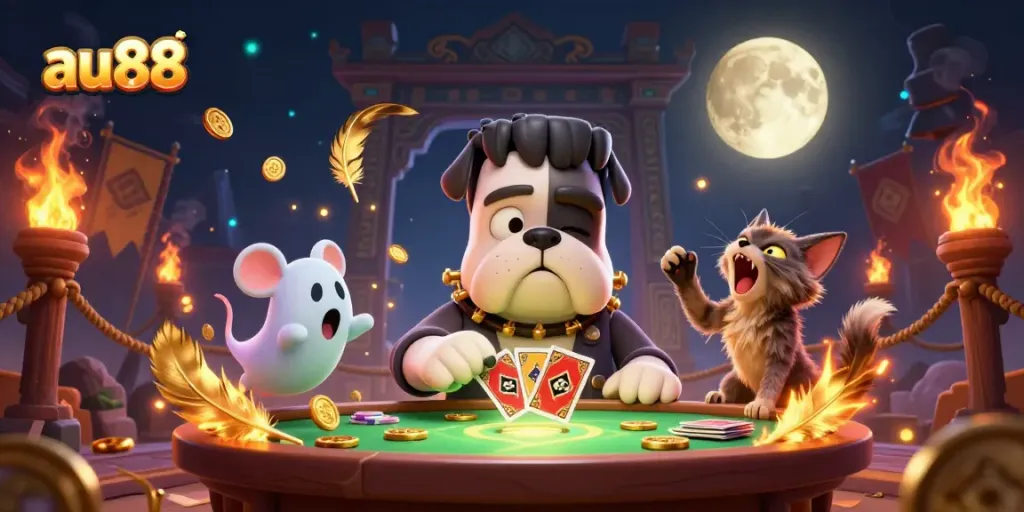 Engage with the thrilling experience of au88 as a cartoon Frankenstein bulldog dealer at a spooky casino table.