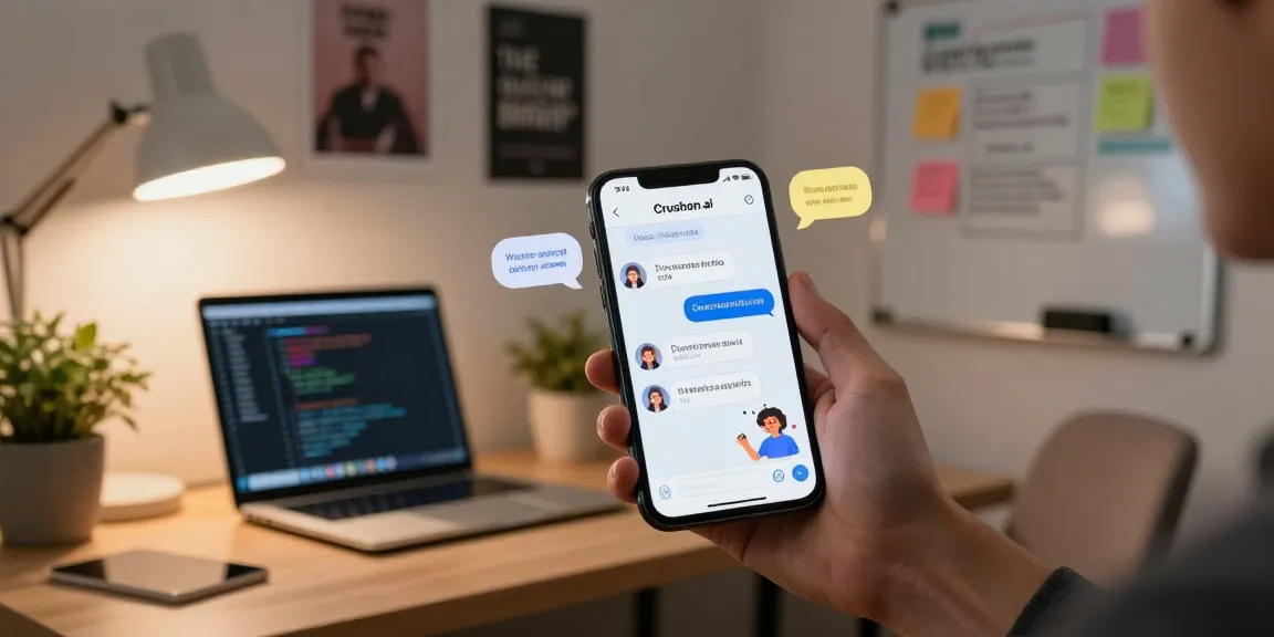 Engaging interaction with Crush on AI in a cozy home office setup, featuring a smartphone chat interface.