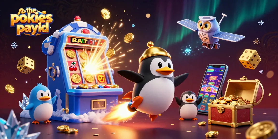 The pokies payid showcases an animated golden penguin in space with casino elements, celebrating jackpots.