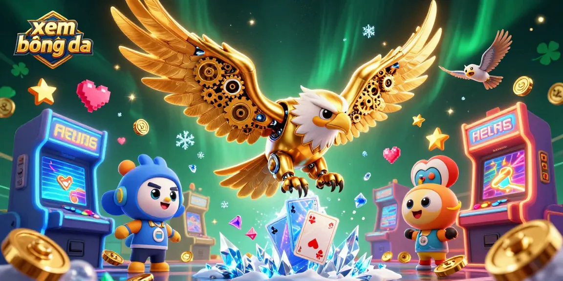 Engage in xem bóng đá with dynamic 3D golden eagle flying through holographic cards amidst colorful casino elements.