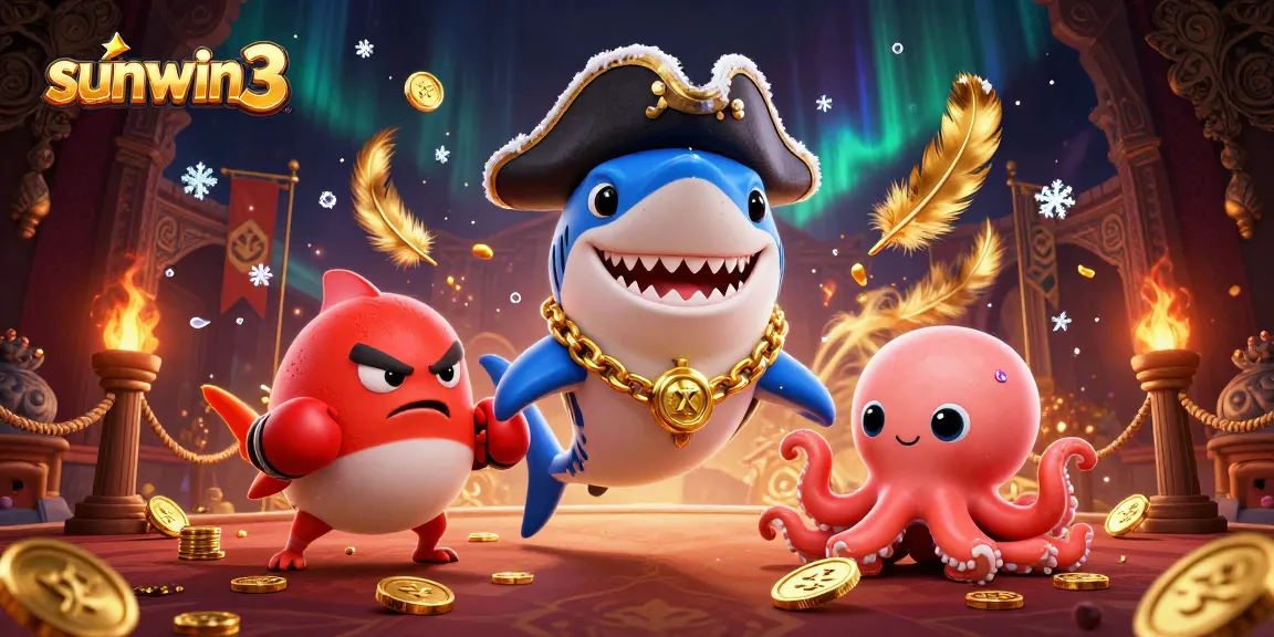 Engage with sunwin3 at the vibrant casino scene featuring a pirate shark, pufferfish boxer, and gold-holding octopus.